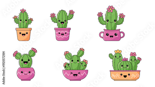 Set of six cute cactus characters in various colorful pots with smiling faces and small pink flowers on a clean white background.