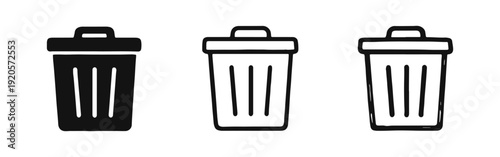 Trash can or recycle bin icons set, including solid, outline, and hand-drawn versions, for waste management.