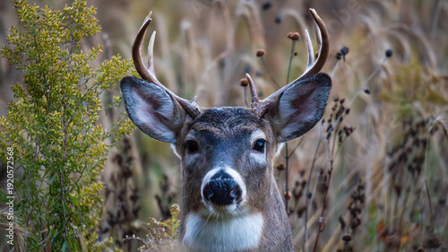 portrait of male white-tailed deer (Odocoileus virginianus) in a field