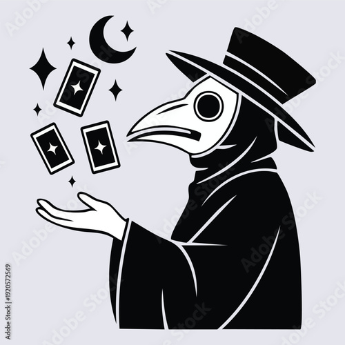 Mystical Plague Doctor Conjuring Magic Cards with Ancient Fortune.