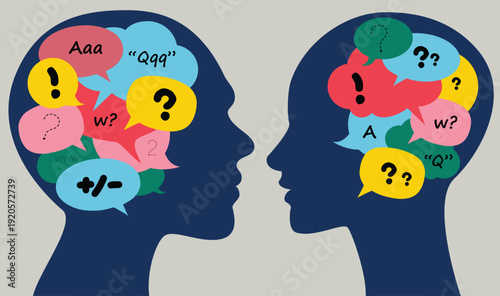 Male And Female Heads With Thought Bubbles. Communication, dialogue concept.