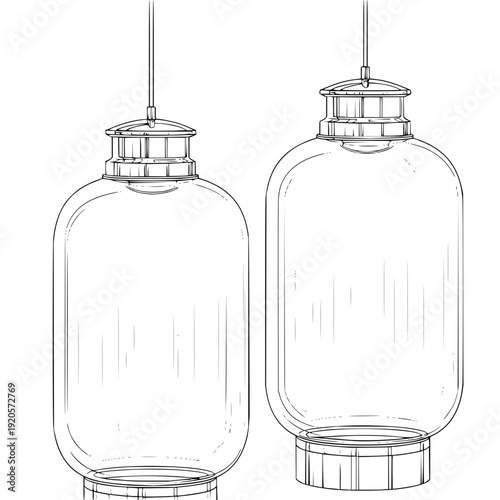 Glass pendant light fixtures, transparent, line drawing illustration hanging lamps
