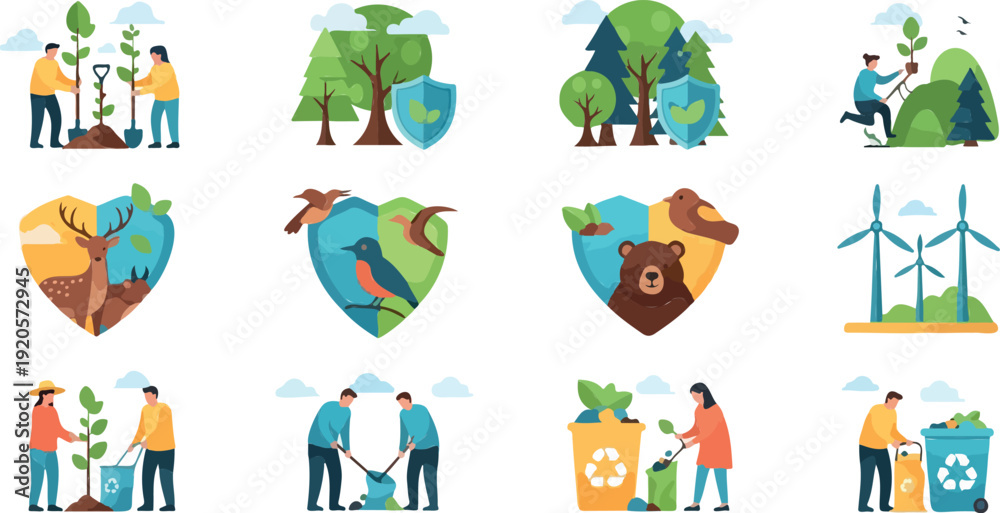 Fototapeta premium Colorful flat design vector illustration of eco-friendly team planting trees with deer in heart symbol