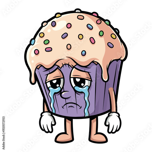 Sad cupcake character crying with tears and sprinkles on frosting feeling depressed and lonely art