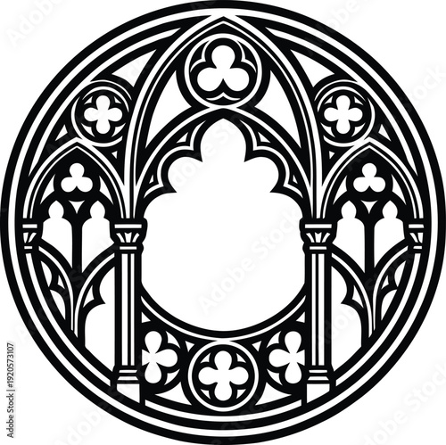 Gothic architectural circular frame with pointed arches and quatrefoils, stained glass window style, religious motif, elegant design.