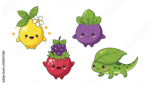 Set of four cute character hybrids featuring a lemon a berry a mangosteen and a green lizard with leaves and flowers on white background.