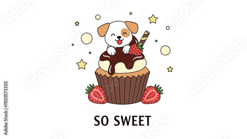 Cute puppy dog peeking out from a chocolate cupcake topped with a fresh strawberry and wafer stick surrounded by stars and fruit.