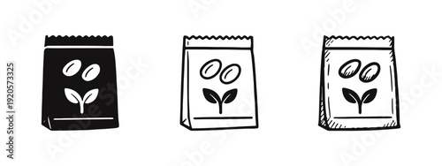 Seed Packet Icon Set for Gardening and Planting in Solid, Outline, and Doodle Styles