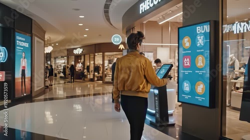 Young woman walking in a shopping mall using interactive digital information kiosk for futuristic retail, augmented reality experience, and online payment