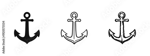 Nautical Anchor Icon Set: Solid, Outline, and Hand-Drawn Styles for Marine, Travel, and Adventure Concepts.