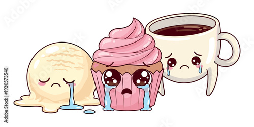 Crying sad desserts cartoon characters vector illustration on white background