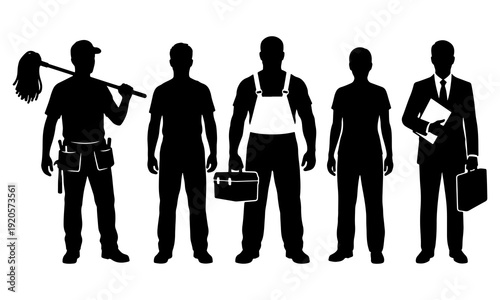 Silhouettes of various working men representing different professions and roles