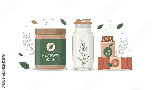 Flat vector illustration of a plant-based protein supplement set featuring a powder jar, milk bottle, and energy bars; concept of vegan fitness, organic nutrition, and plant power health.