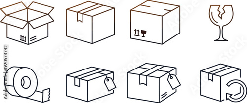 A collection of line art icons represents various aspects of shipping, packaging, and logistics, including boxes and tape.