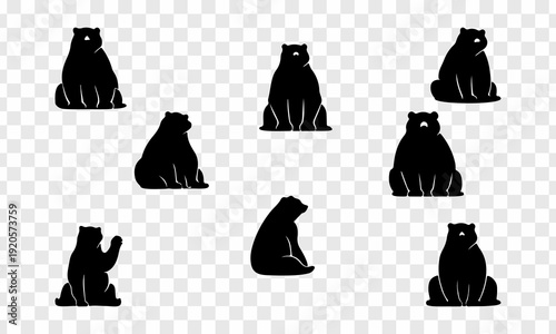 Black bear silhouette collection featuring walking and sitting poses, perfect for vector design and wildlife-themed projects.
