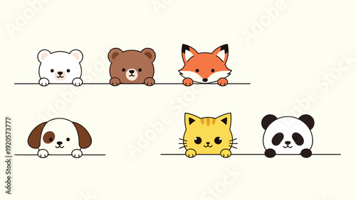 Selection of six cute animal faces including a polar bear brown bear fox dog cat and panda peeking over a horizontal edge on cream background.