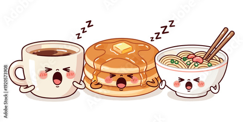 Cute cartoon coffee pancakes and noodles characters sleeping and yawning in funny breakfast scene