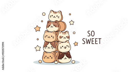 Towering stack of six cute cat head cookies with different markings and facial expressions accompanied by the text so sweet on white.