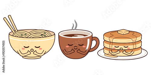 Cute cartoon food characters praying or meditating food bowls and plates kawaii style