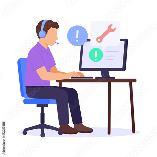 Technical Support Call, assisting clients via technical helpline, Flat vector character illustration