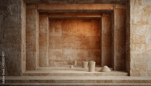Ancient Architecture Showcases Stone Structures and Artifacts in a Warm Light...