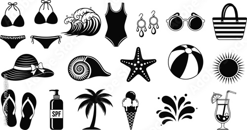 Black vector silhouette set of summer beach vacation icons including swimwear sun hat sunglasses palm tree and tropical cocktails, cad drawing flat vector illustration