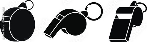 Set Of Realistic 3D Whistle Icons Featuring Metal Referee Whistle Plastic Sports Whistles And Emergency Safety Signal Equipment On White Background.