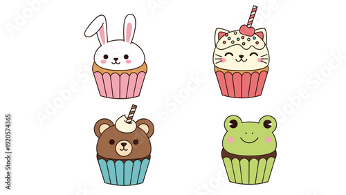 Four cute animal themed cupcakes featuring a bunny a cat a bear and a frog with cream chocolate and wafer decorations on white.