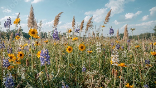 Wildflowers Bloom in a Field During Sunny Afternoon Hours With Blue Sky and C...