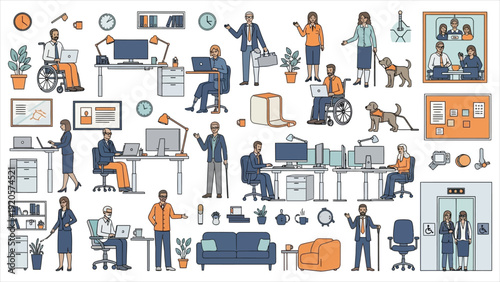 Diverse office workers interacting in a modern, accessible workspace. Illustration highlights inclusivity, workplace accessibility, and a collaborative business environment