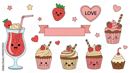 Adorable collection of strawberry themed kawaii cupcakes, milkshakes, and sweet treats featuring cute cartoon faces and hearts.