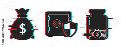 Money security concept: bag, safe, and coins with glitch effect