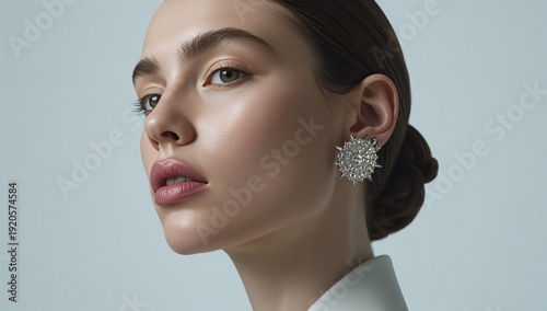Woman Poses in Studio Wearing Large Earrings and Showing Elegant Facial Expre...