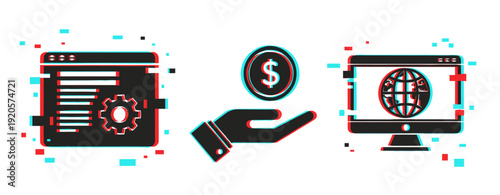 Digital economy icons: financial, web, software concepts with glitch effect