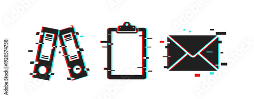 Glitch art: distorted office supplies - binders, clipboard, envelope