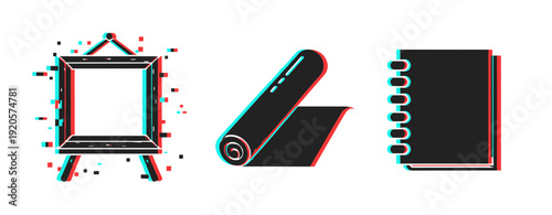 Abstract art elements - canvas, scroll, notebook in glitch effect