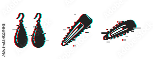 Glitch aesthetic jewelry: earrings and hair clips in retro 3d effect