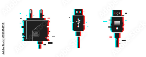 Glitch effect on usb-c charger and cables with digital distortion