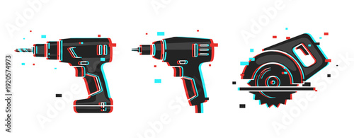 Glitch style power tools - drill and saw digital graphic