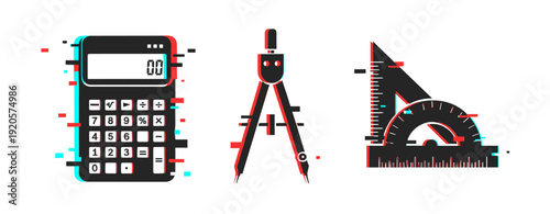 Glitch art of calculator, compass, and protractor on white background