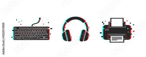 Stylized glitch art of keyboard, headphones, and printer icons in red and cyan