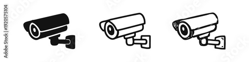 CCTV camera icon set. Wall-mounted surveillance system symbol in solid, outline, and doodle styles.