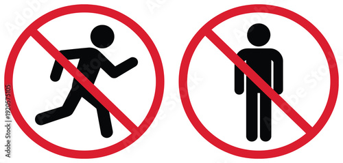 Prohibition Signs For Running And Standing, No Running And No Standing Red Circle Slash Symbols, Safety Regulation Warning Icons For Public Areas And Restricted Zones, Clean Vector Illustration.