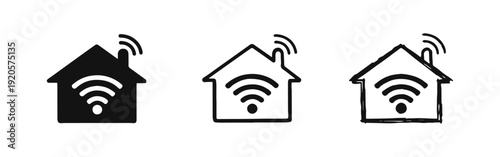 Smart home wireless network icon set. House with active Wi-Fi signal symbol in doodle styles.