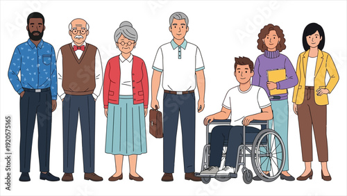 Diverse group of people, including individuals in wheelchairs, standing and sitting together to represent inclusivity and equality