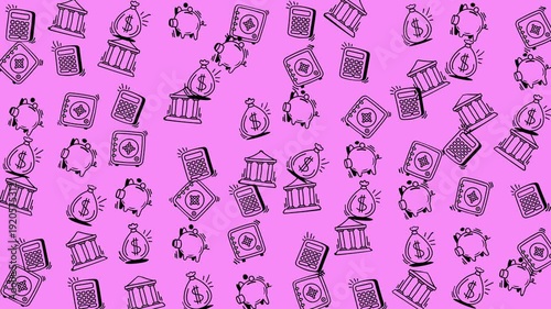 Scattered bank building bag money lock dollar icons, suitable for financial, banking, investment, security concepts in design projects.