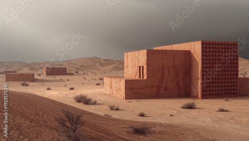 Structures Made of Clay in a Desert Landscape Under a Gray Sky With Mountains...