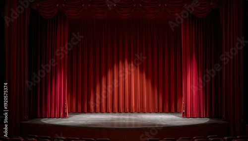 Bright Stage Ready for Performance in a Theater With Red Curtains