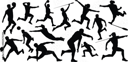Collection of black silhouettes of athletes engaged in various track and field sports and ball games