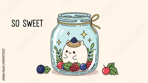 Tiny white cat character sitting inside a glass mason jar filled with fresh berries and greenery under the simple text so sweet.
